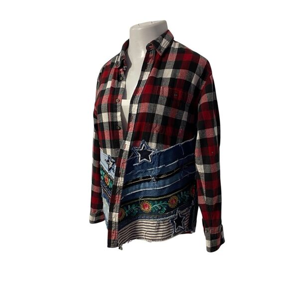 Upcycled Flannel Shirt Shacket Womens XL Betty Boop Grunge Patchwork Folk Art - Picture 5 of 16